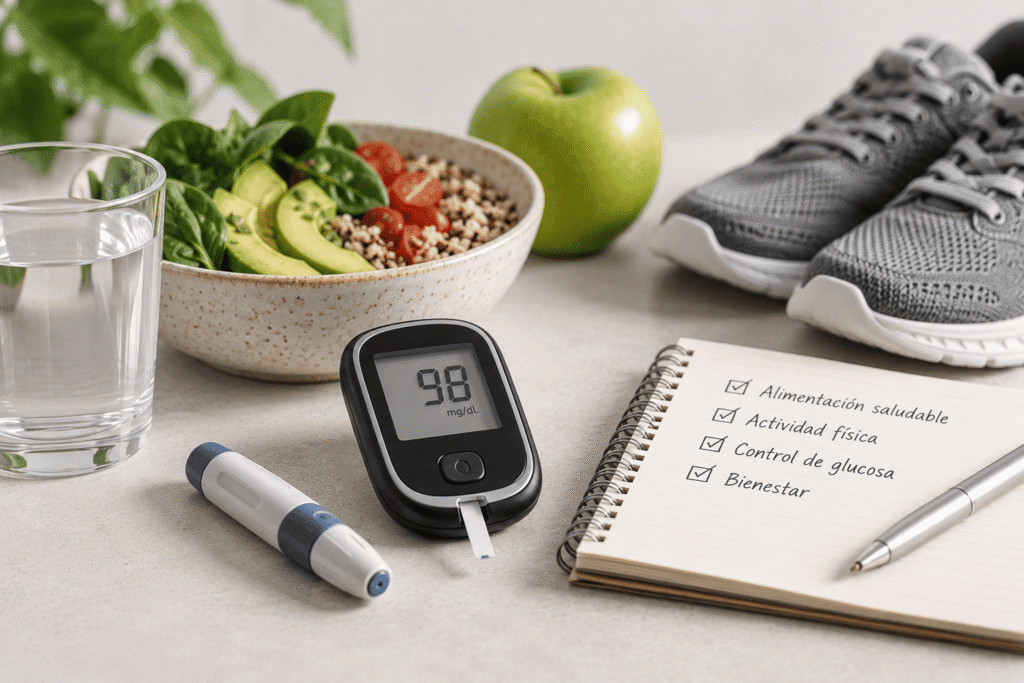 Glucómetro, comida y ejercicio saludable