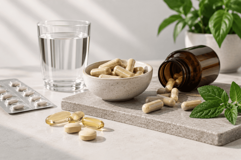 Cápsulas y suplementos con agua